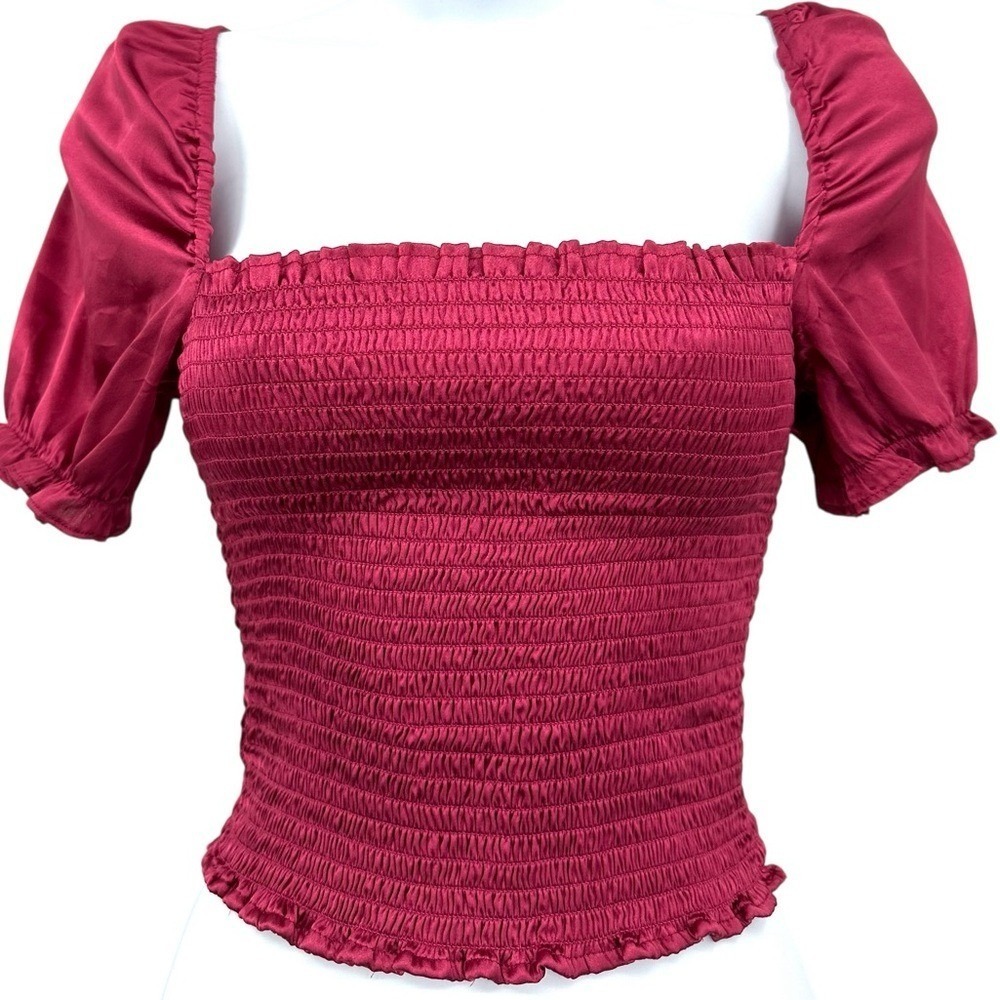 URBAN OUTFITTERS Satin Crop Top Short Puff Sleeves Cranberry Red Size Small